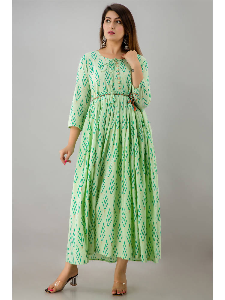 Green Printed Flared Dress