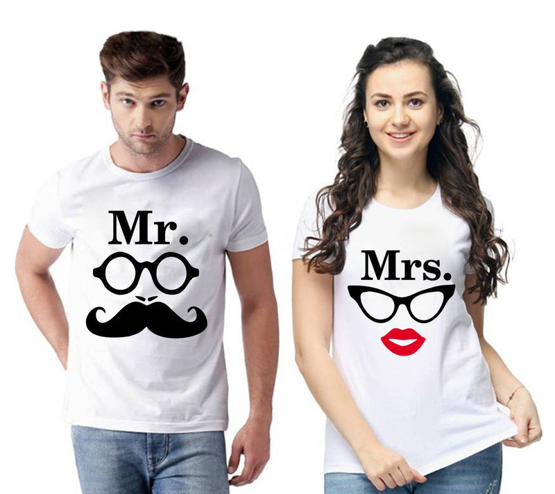 White Cotton Blend Round Neck Printed Couple T-Shirts for Men & Women