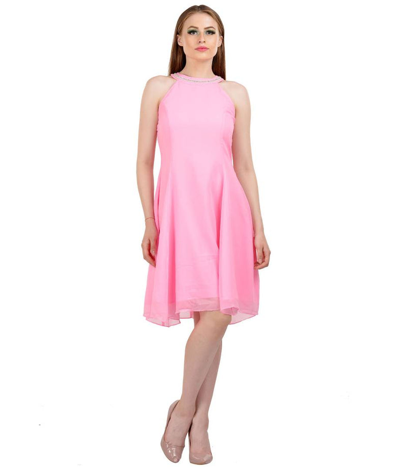 Trendy Pink Georgette Knee Length Dress For Womens And Girsl