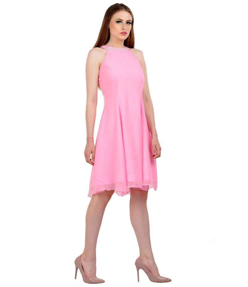 Trendy Pink Georgette Knee Length Dress For Womens And Girsl