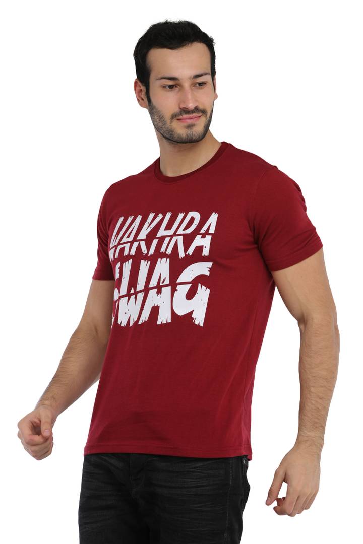 Men's Maroon Cotton Printed Round Neck Tees