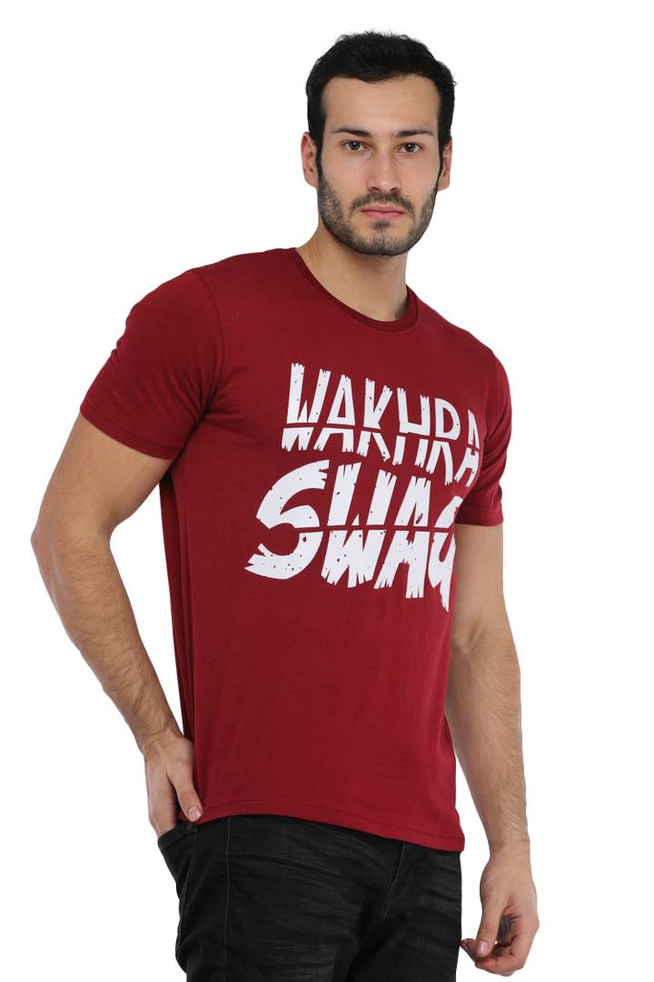 Men's Maroon Cotton Printed Round Neck Tees