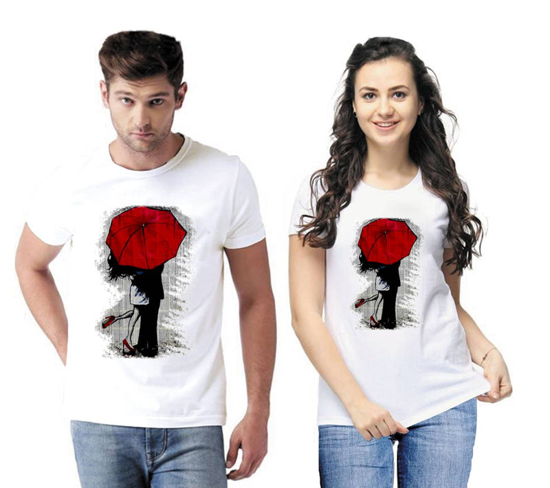 White Printed Cotton Blend Matching Couple T-Shirts for Men & Women