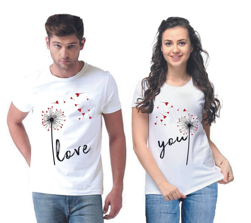 White Printed Cotton Blend Matching Couple T-Shirts for Men & Women