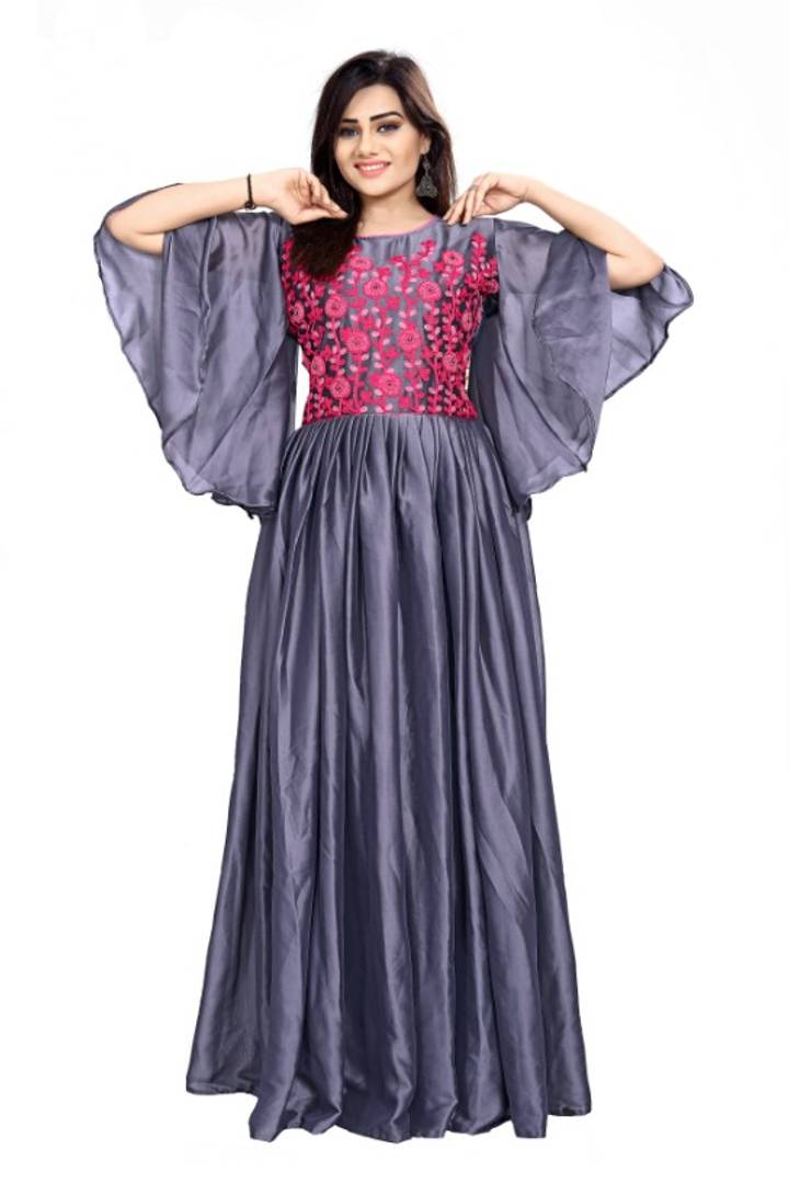 Stylish Grey Embroidery Towel Work Umbrella Design Silk Gown