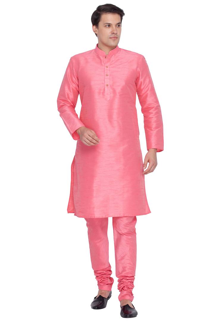 Men's Pink Cotton Silk Kurta Sets