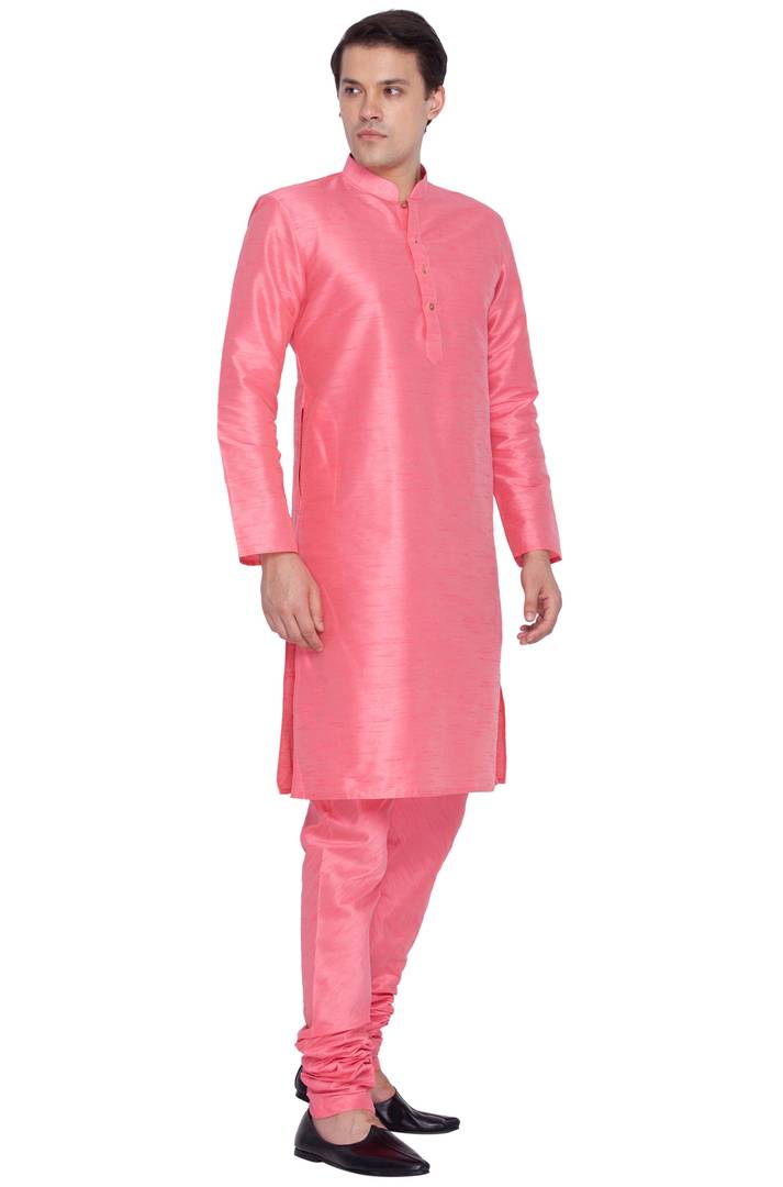 Men's Pink Cotton Silk Kurta Sets