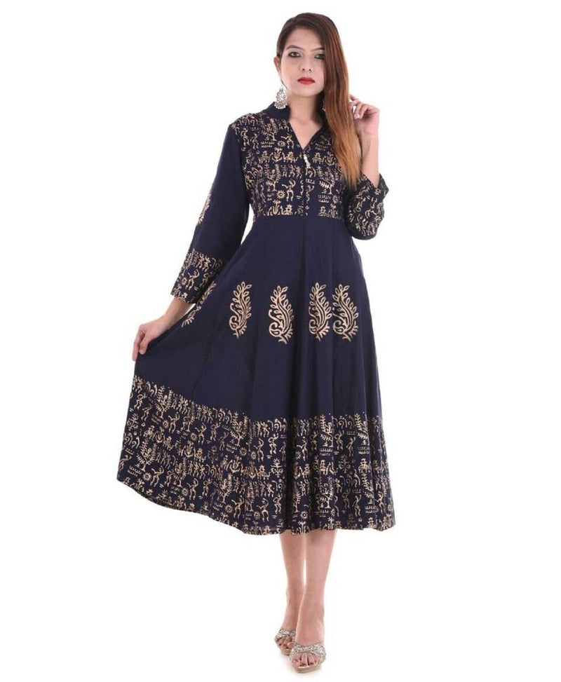 Alluring Blue Printed Rayon Anarkali Women's Kurti