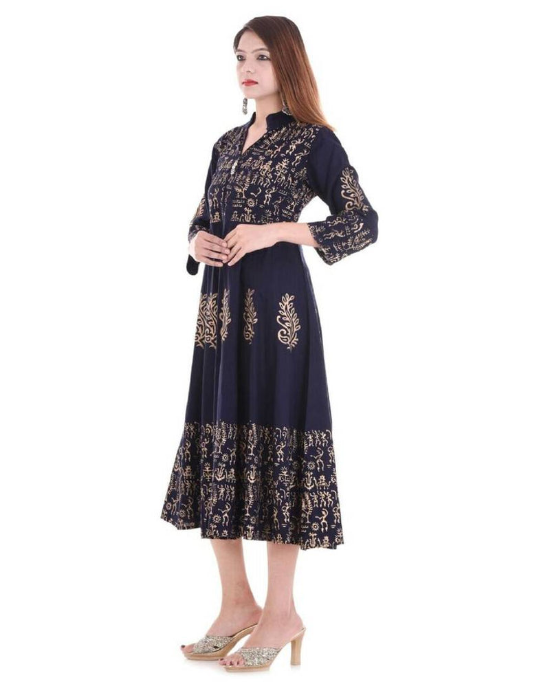 Alluring Blue Printed Rayon Anarkali Women's Kurti