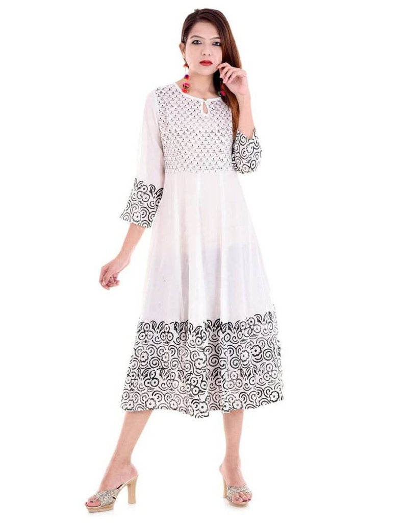 Alluring White Printed Rayon Anarkali Women's Kurti