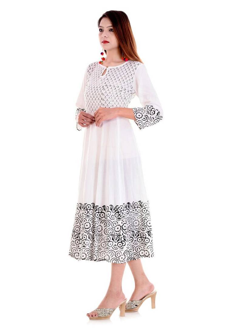 Alluring White Printed Rayon Anarkali Women's Kurti