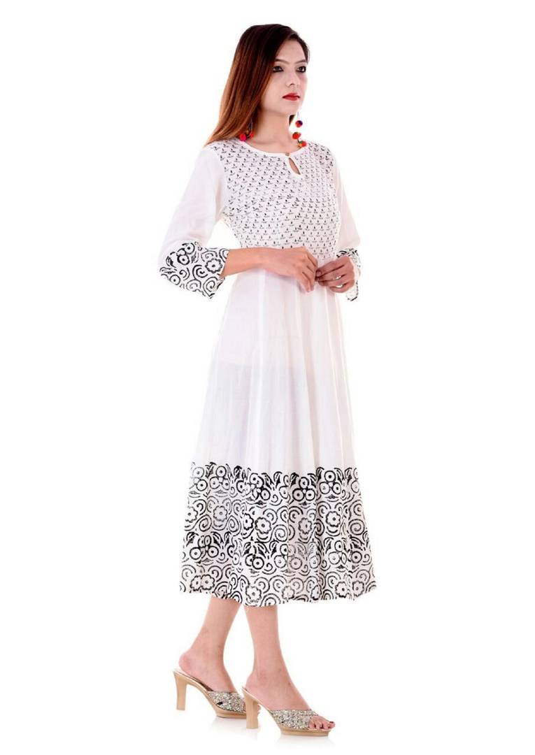 Alluring White Printed Rayon Anarkali Women's Kurti