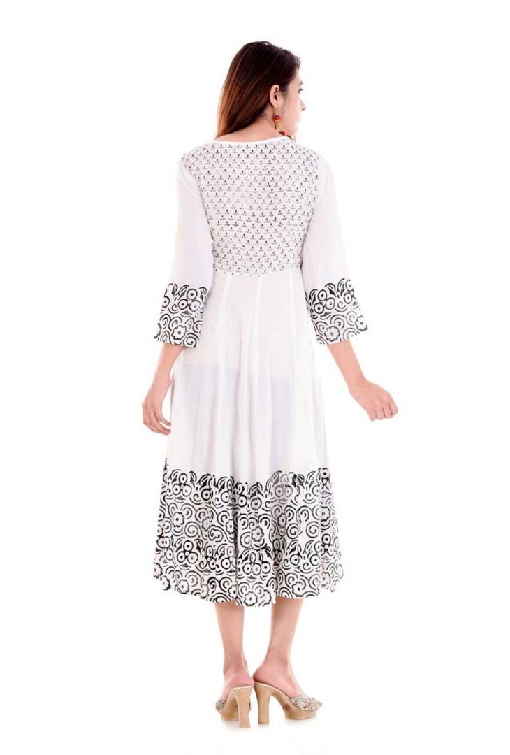 Alluring White Printed Rayon Anarkali Women's Kurti