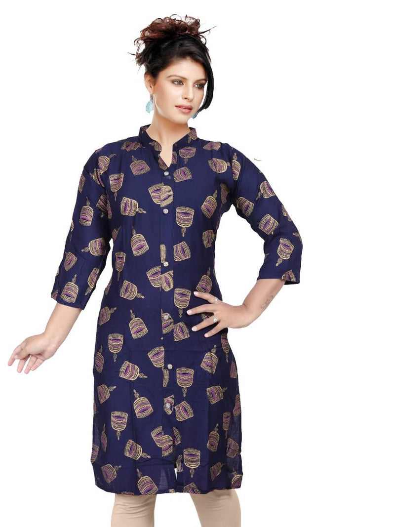 Exotic Blue Printed Rayon Straight Kurti