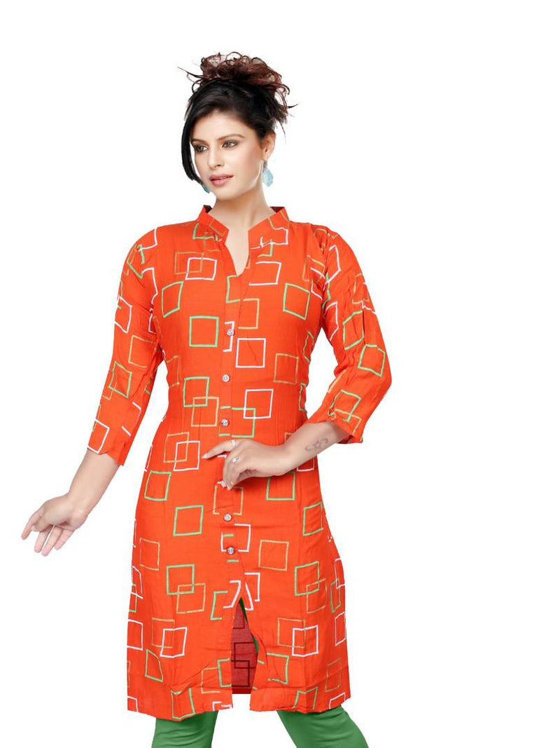 Exotic Orange Printed Rayon Straight Kurti