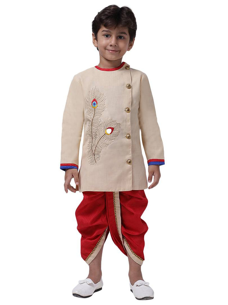 Alluring Red Self Pattern Cotton Blend Boy's Dhoti Kurta Set