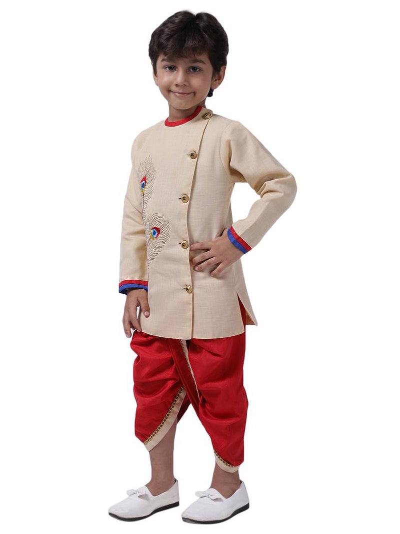 Alluring Red Self Pattern Cotton Blend Boy's Dhoti Kurta Set