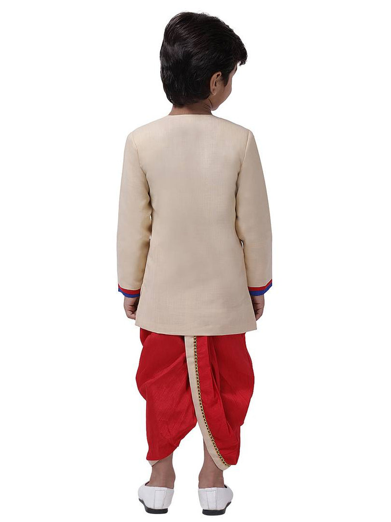 Alluring Red Self Pattern Cotton Blend Boy's Dhoti Kurta Set