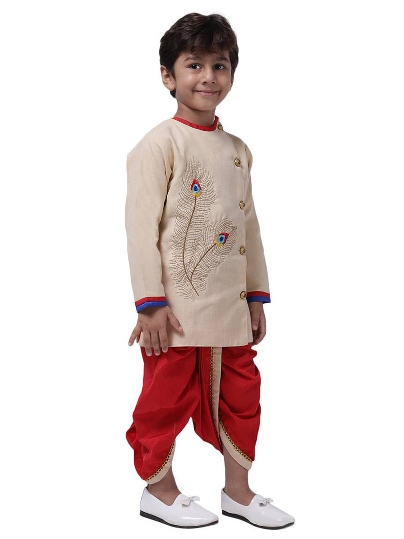 Alluring Red Self Pattern Cotton Blend Boy's Dhoti Kurta Set