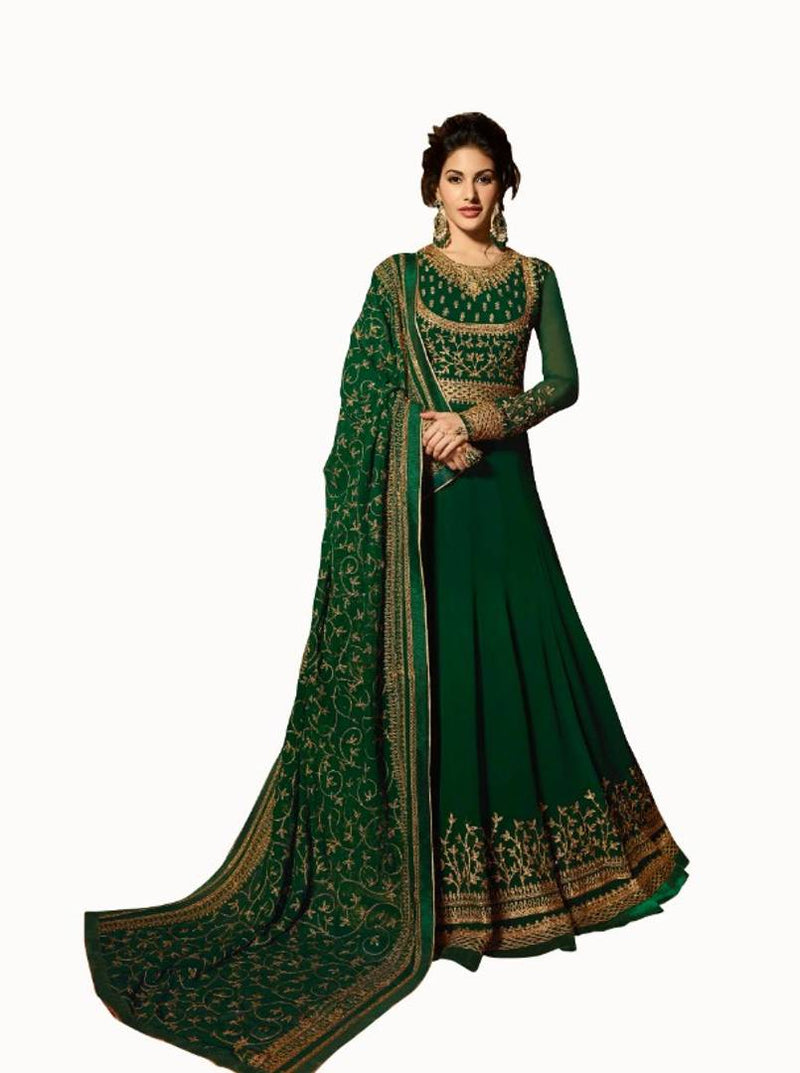 Elegant Faux Georgette Green Anarkali Semi-Stitched Gown for women's