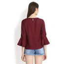 Chocolate Bell Sleeve Top With White Pom Pom 11055
