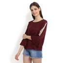 Chocolate Bell Sleeve Top With White Pom Pom 11055
