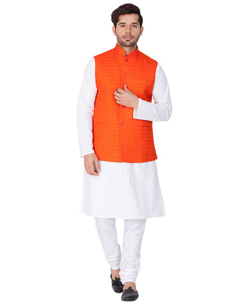 Men's White Cotton Kurta, Modi Jacket and Pyjama Set