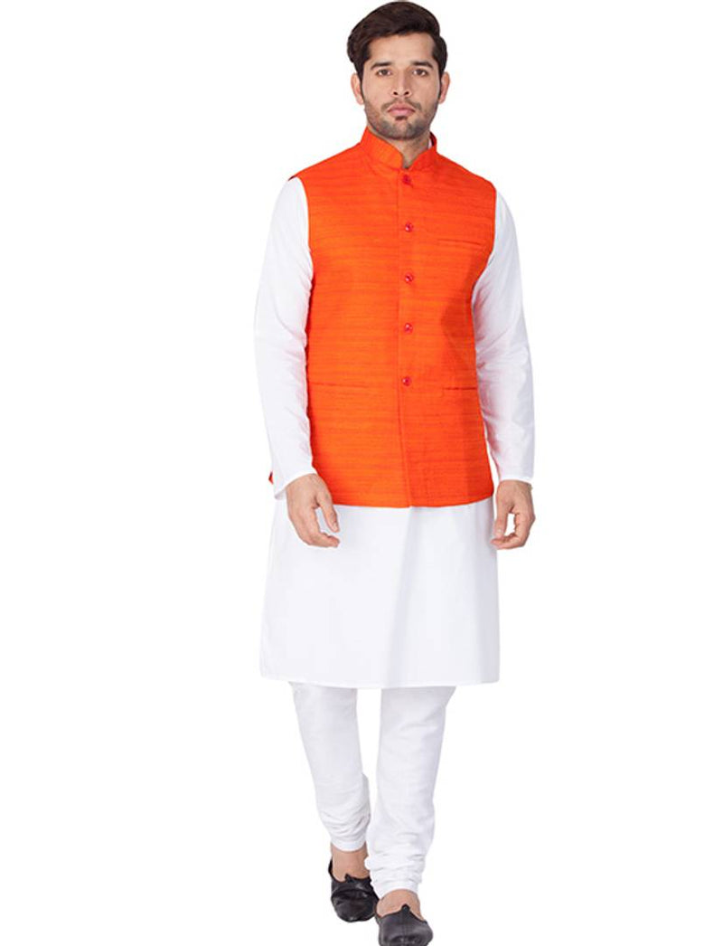 Men's White Cotton Kurta, Modi Jacket and Pyjama Set