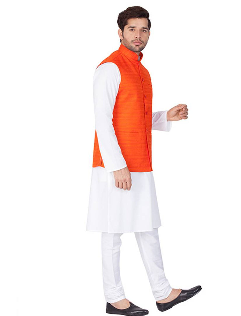 Men's White Cotton Kurta, Modi Jacket and Pyjama Set