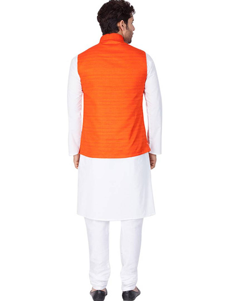 Men's White Cotton Kurta, Modi Jacket and Pyjama Set