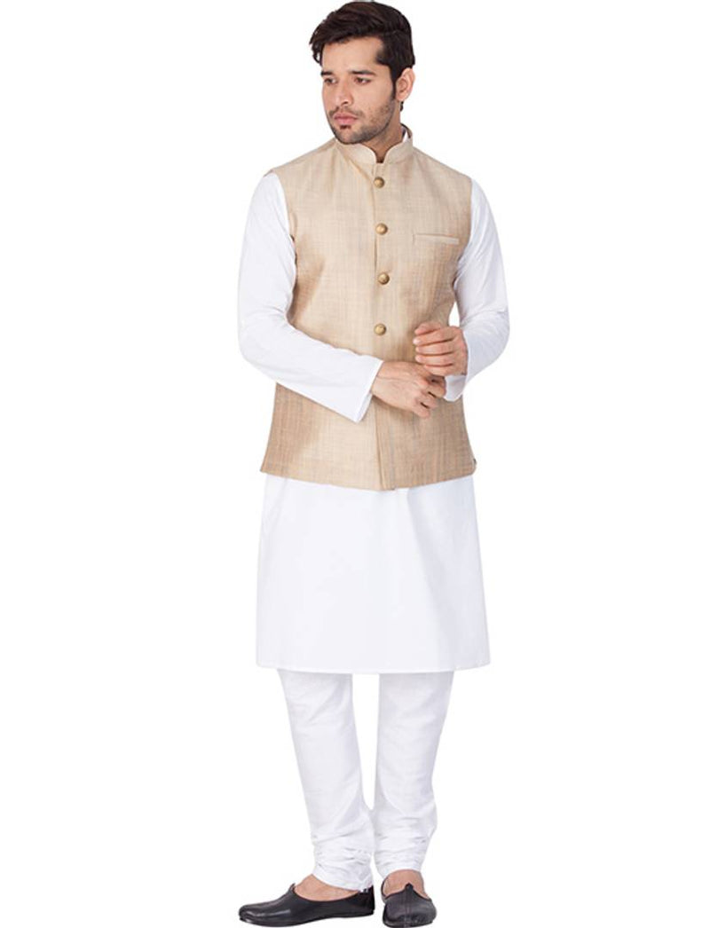 Men's White Cotton Kurta, Modi Jacket and Pyjama Set