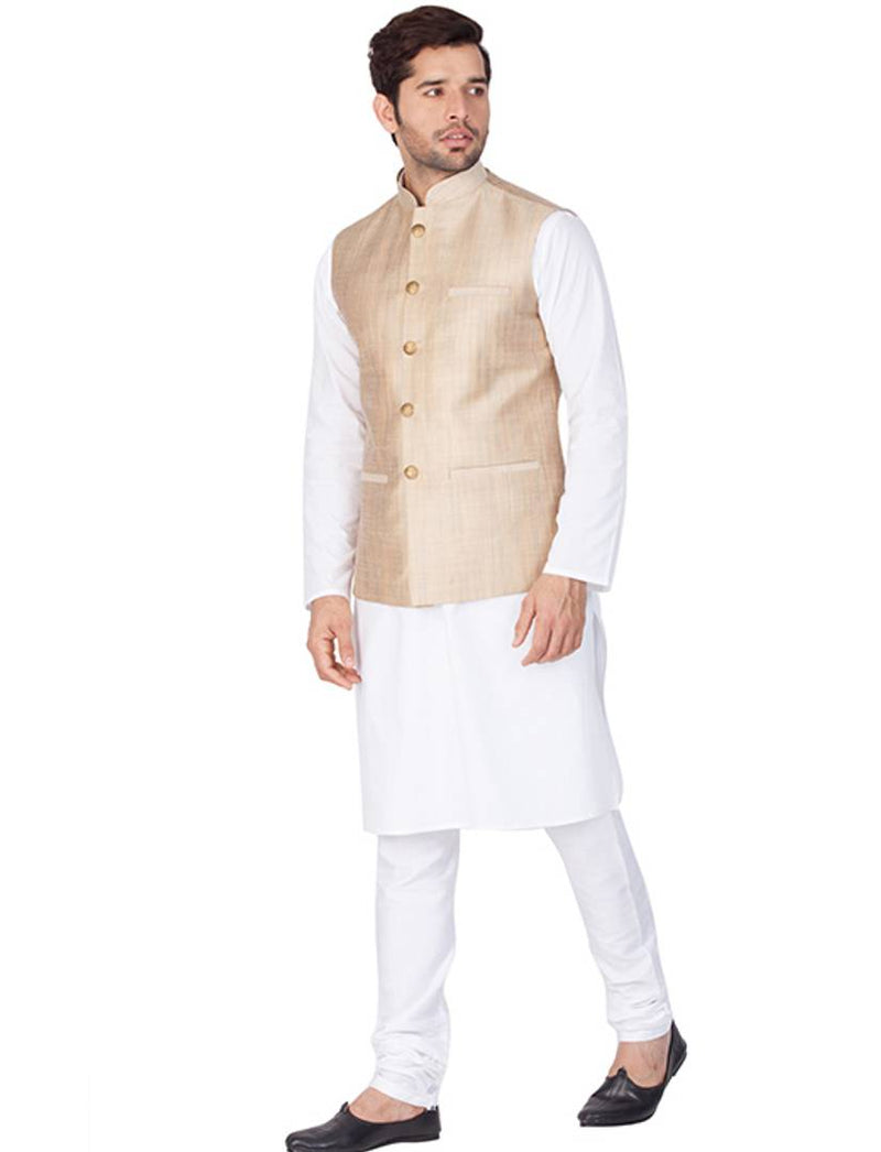 Men's White Cotton Kurta, Modi Jacket and Pyjama Set