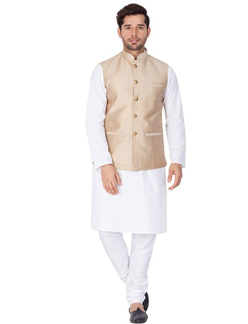 Men's White Cotton Kurta, Modi Jacket and Pyjama Set