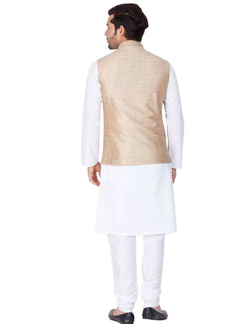 Men's White Cotton Kurta, Modi Jacket and Pyjama Set