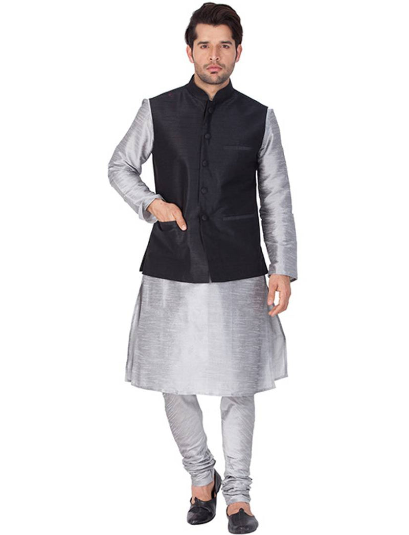 Men's Grey Cotton Silk Kurta, Modi Jacket and Pyjama Set