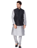 Men's Grey Cotton Silk Kurta, Modi Jacket and Pyjama Set
