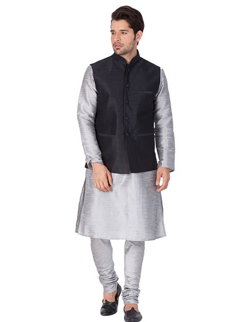 Men's Grey Cotton Silk Kurta, Modi Jacket and Pyjama Set