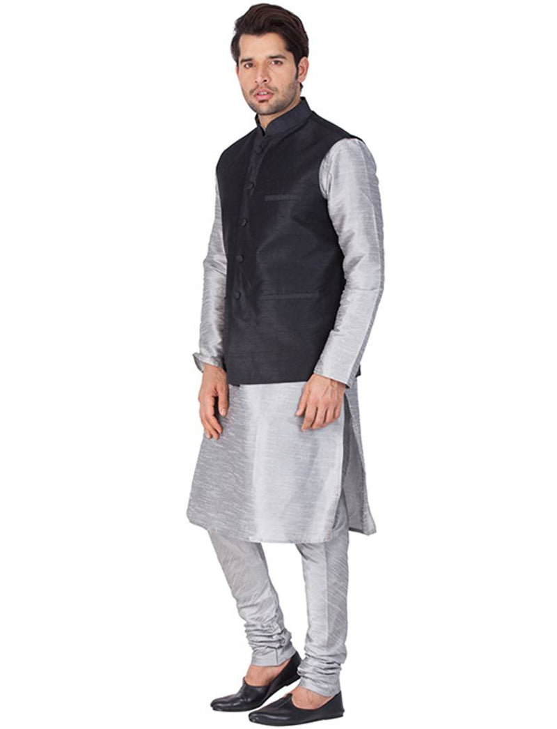 Men's Grey Cotton Silk Kurta, Modi Jacket and Pyjama Set