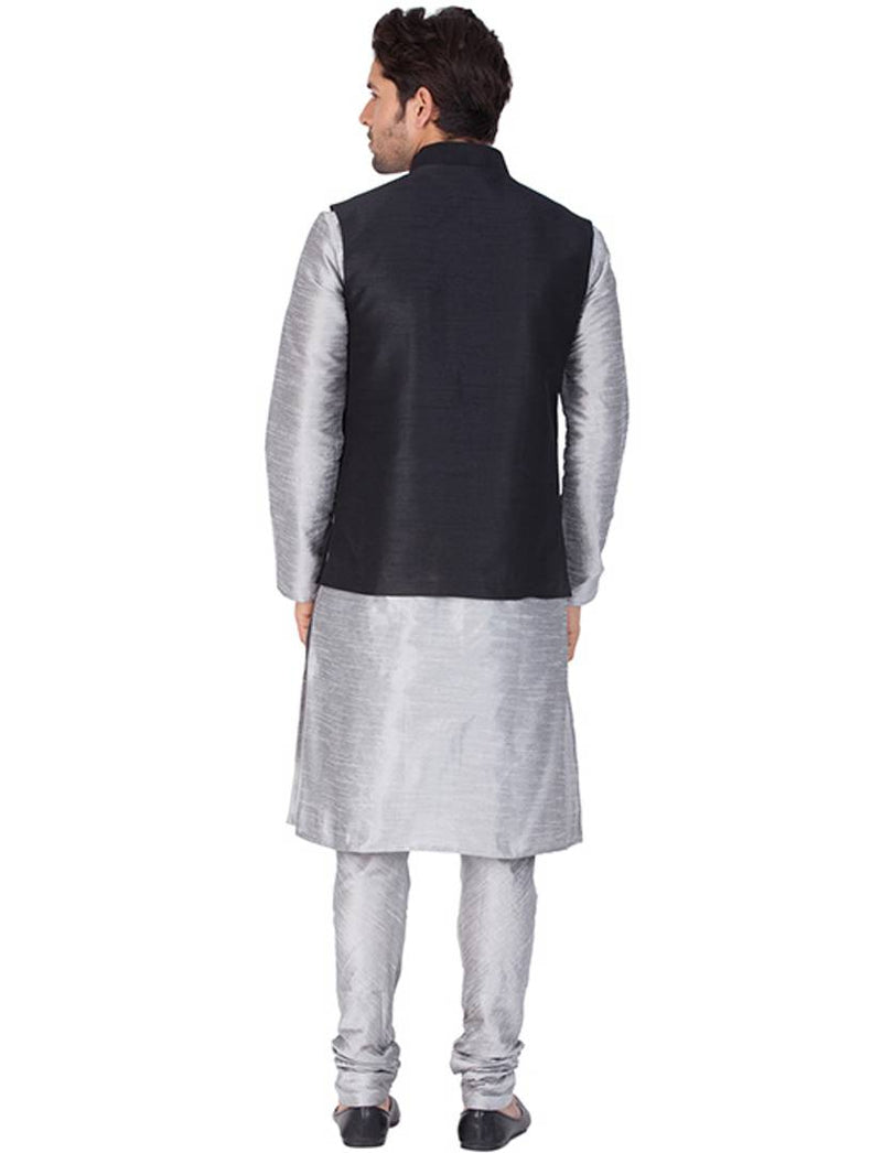 Men's Grey Cotton Silk Kurta, Modi Jacket and Pyjama Set