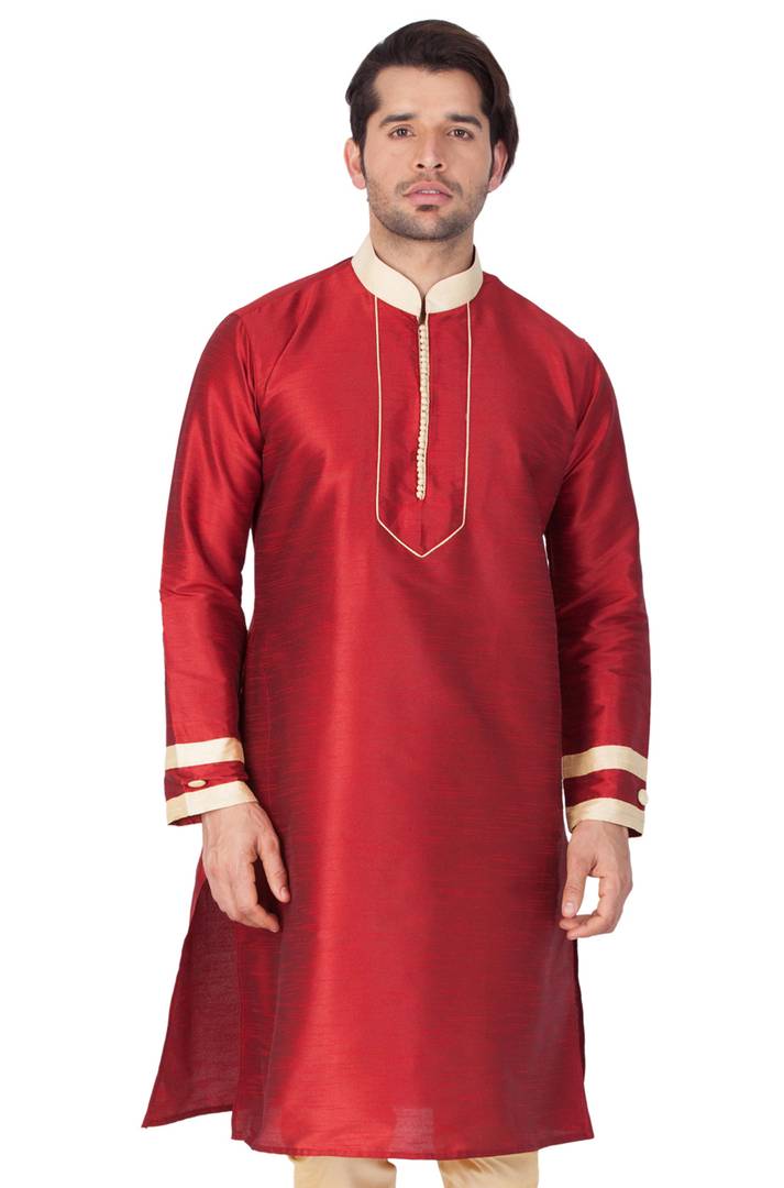 Men's Maroon Cotton Silk Kurta