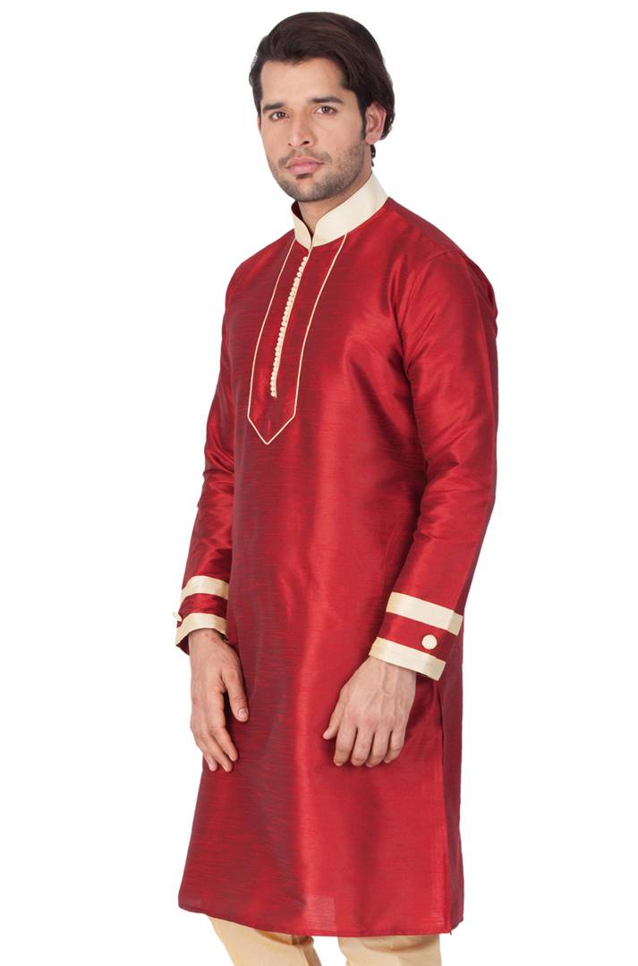 Men's Maroon Cotton Silk Kurta