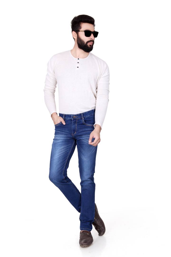 Men's Blue Denim Faded Slim Fit Low-Rise Jeans