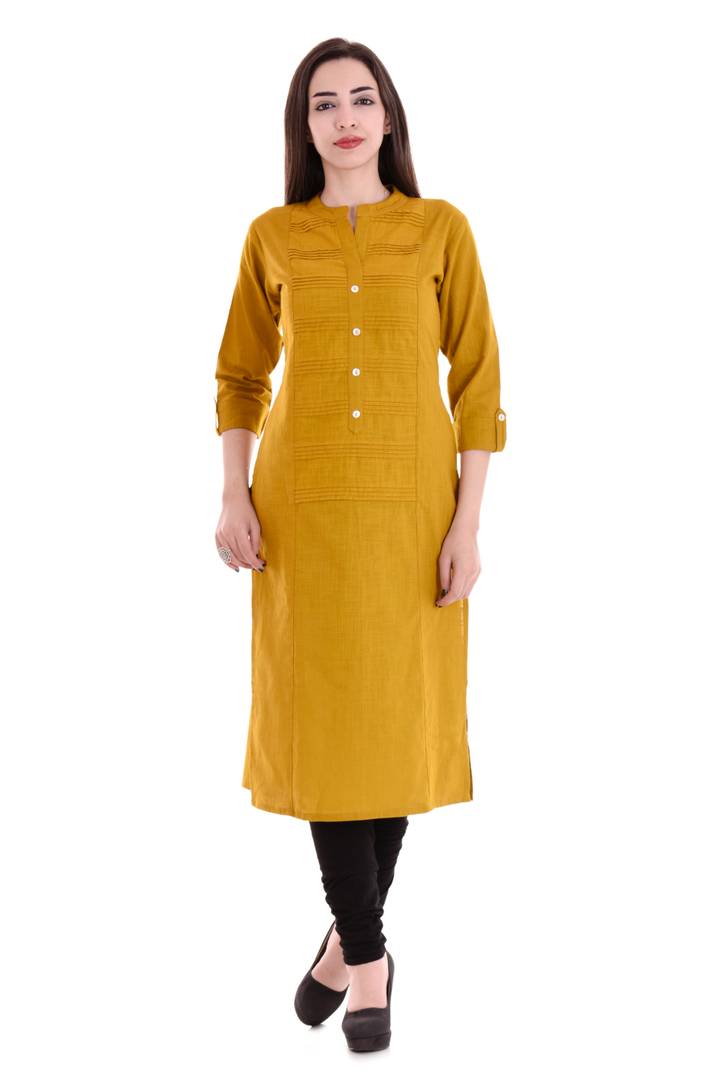 Stylish Yellow Self Pattern Cotton Blend Straight Women's Kurti