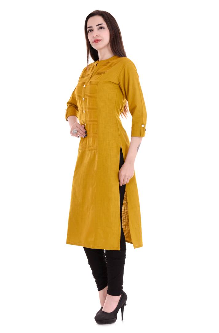 Stylish Yellow Self Pattern Cotton Blend Straight Women's Kurti