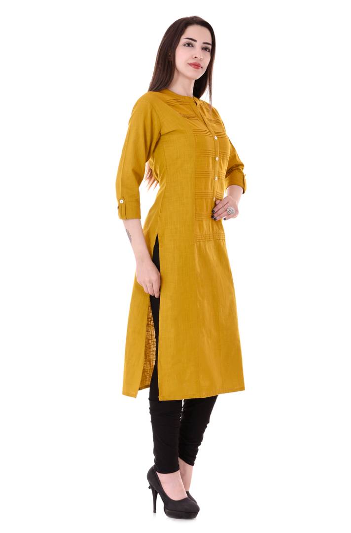 Stylish Yellow Self Pattern Cotton Blend Straight Women's Kurti