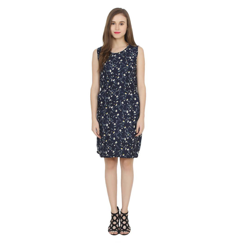 Women's Blue Crepe Printed A-Line Dress