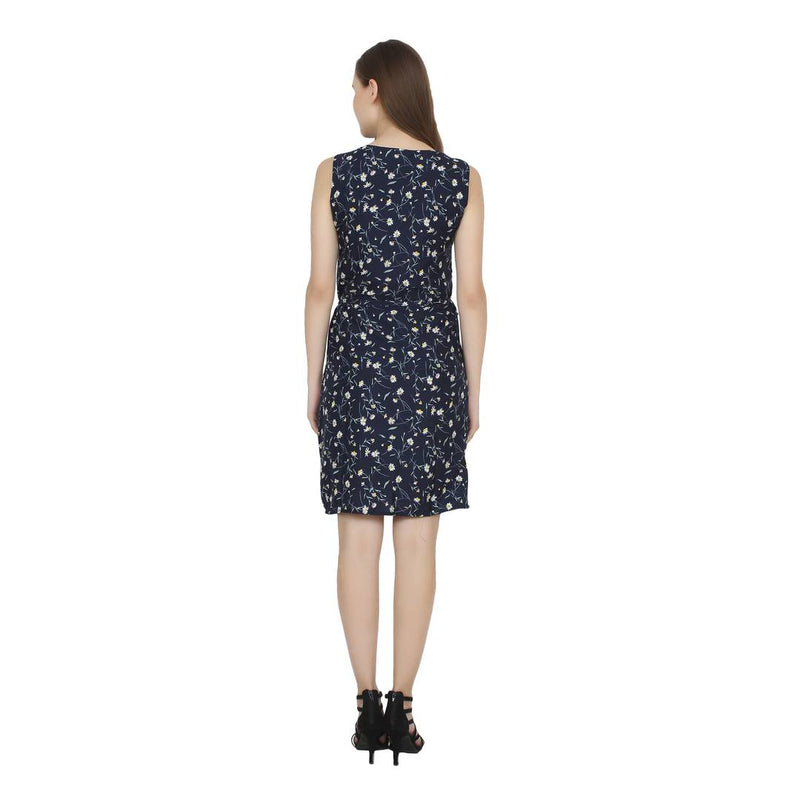 Women's Blue Crepe Printed A-Line Dress