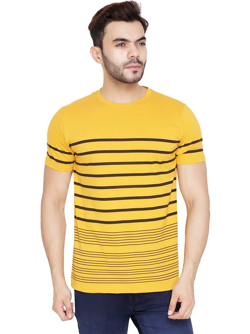 Men's Yellow Cotton Blend Striped Round Neck Tees