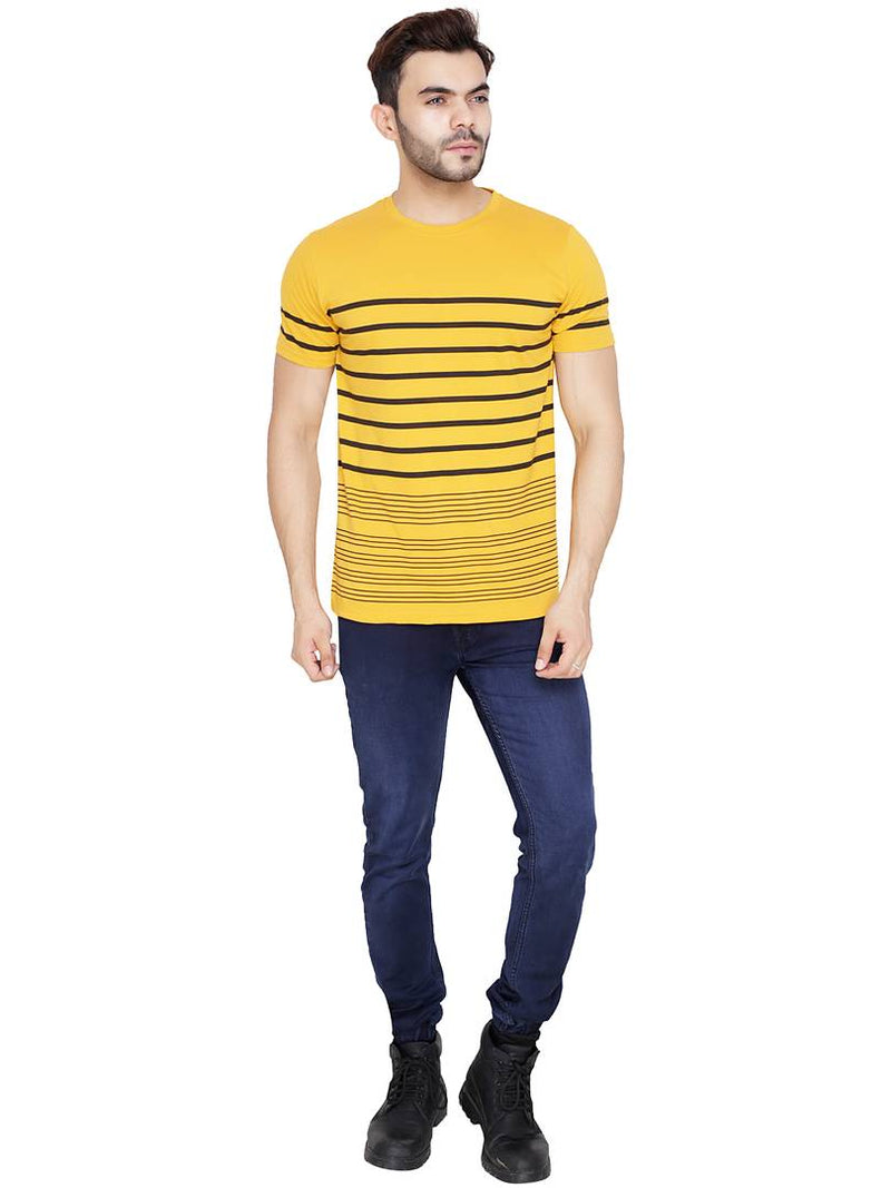 Men's Yellow Cotton Blend Striped Round Neck Tees