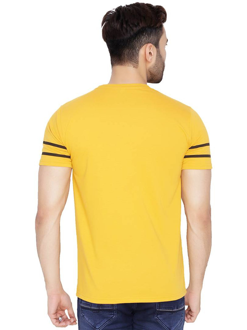 Men's Yellow Cotton Blend Striped Round Neck Tees